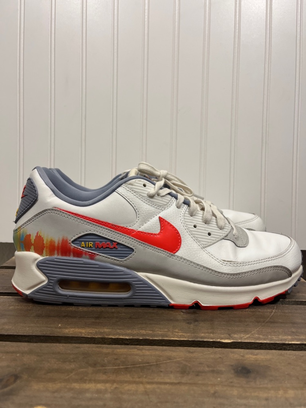 Nike Air Max 90 PRM Sound Wave Summit White Bright Crimson Sneaker size 13
